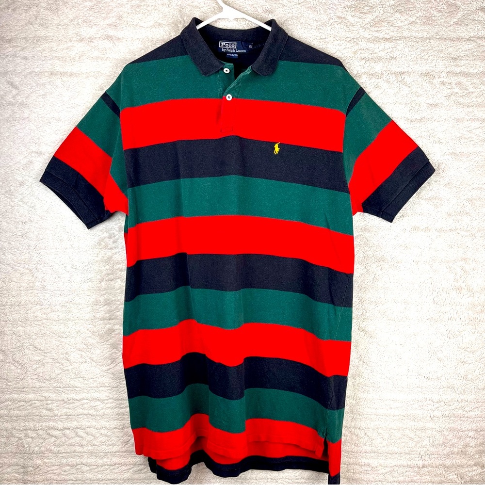 Vintage POLO BY RALPH LAUREN Rugby Polo Shirt XL Green Red Stripes Yellow Pony